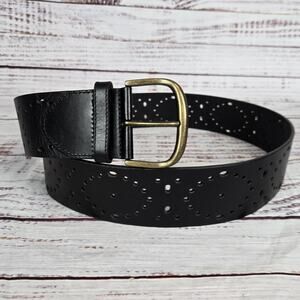 CAbi Belt Womens L Black Leather Gold Tone Buckle Lazer Cut Leather Western